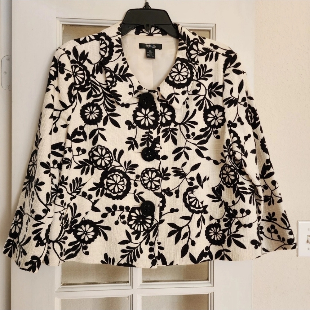 Style & Co Petite Tweed Jacket Black White Floral Button Front 16P